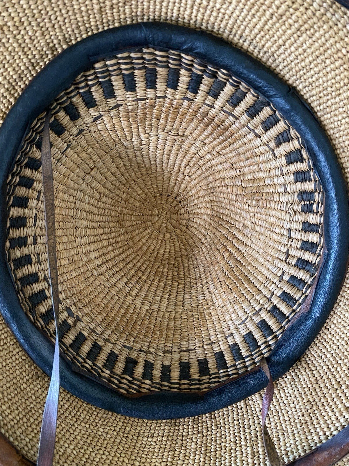 Antique African Ghanaian Hat ~ Traditional Conical Woven Straw & Leather ~19in