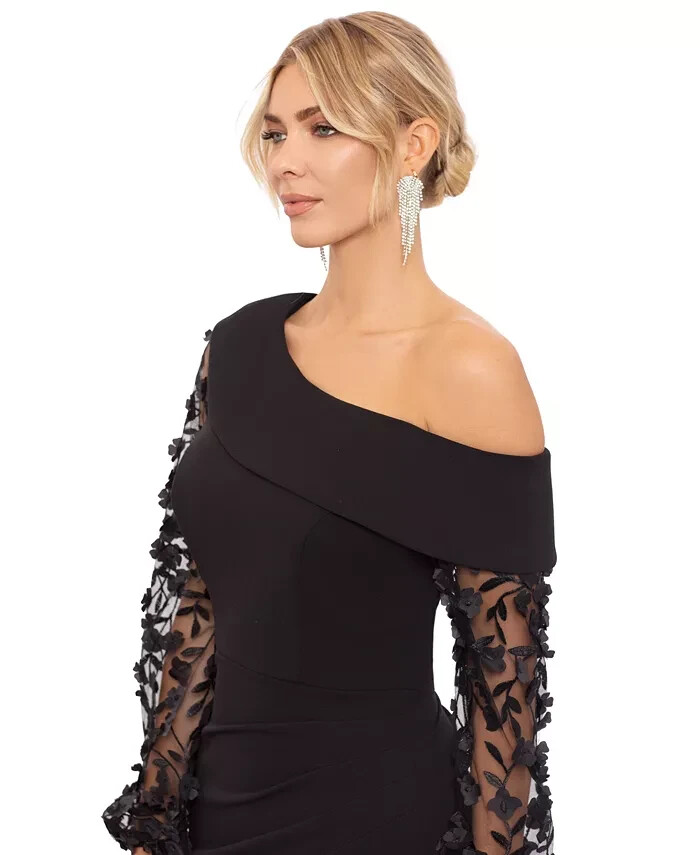Xscape Black Floral Applique Long Sleeve Scuba Crepe Gown Size 14W $298