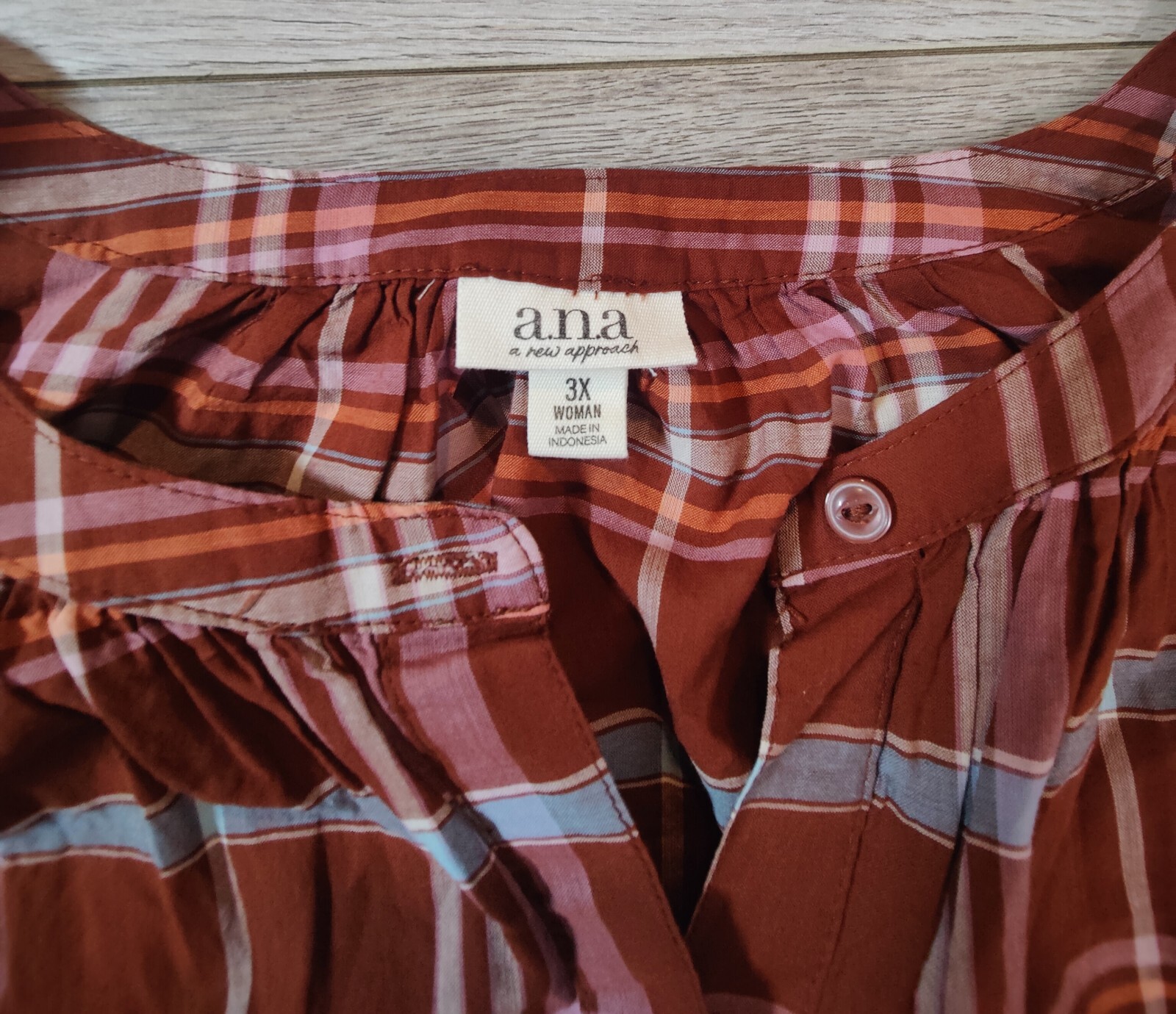 A.N.A Womens 3X Brown Multi Color Front Button Up Plaid Blouse 100%Cotton NWT