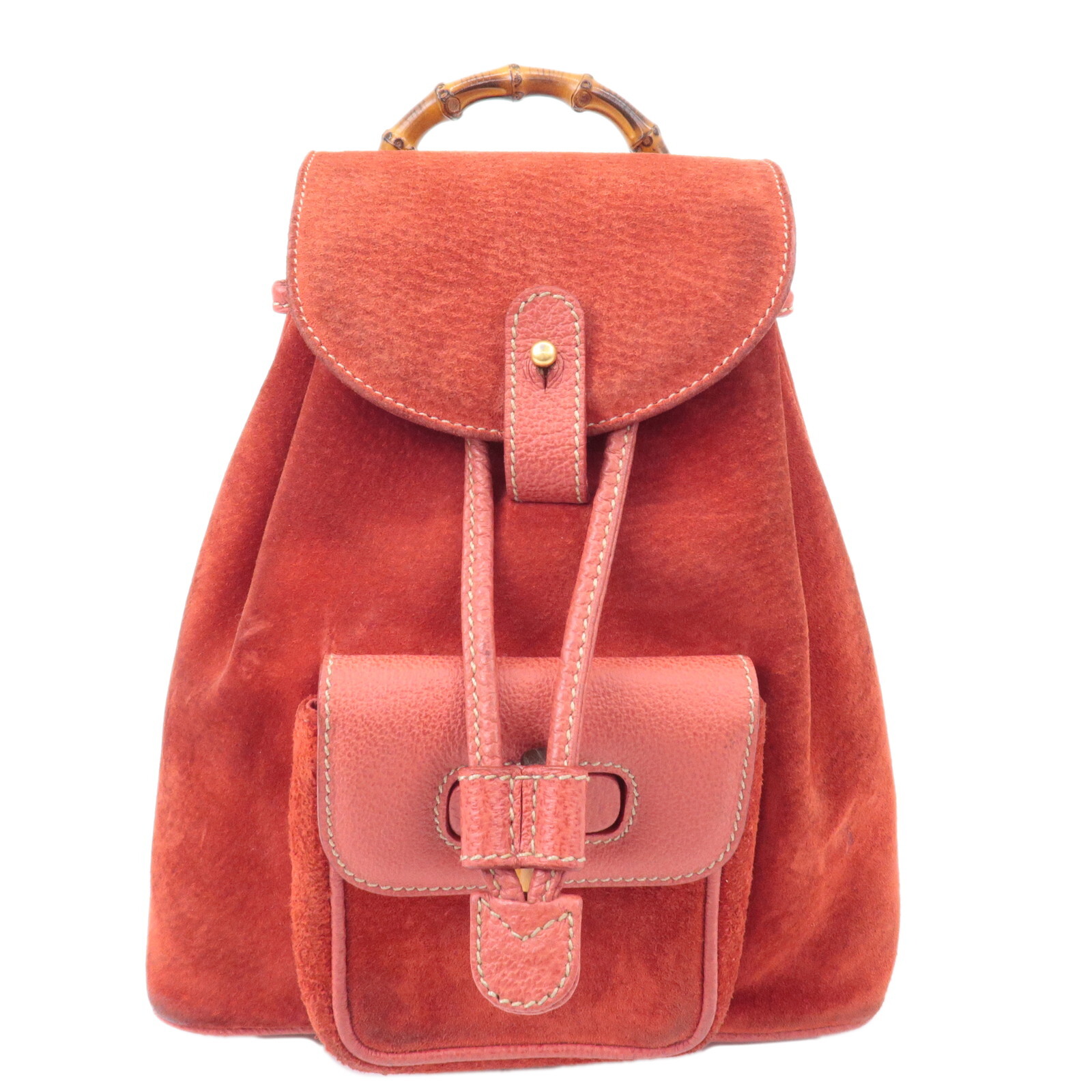 GUCCI Bamboo Back Pack Ruck Sack Red Suede Leather 003.1705.0030 Auth Used