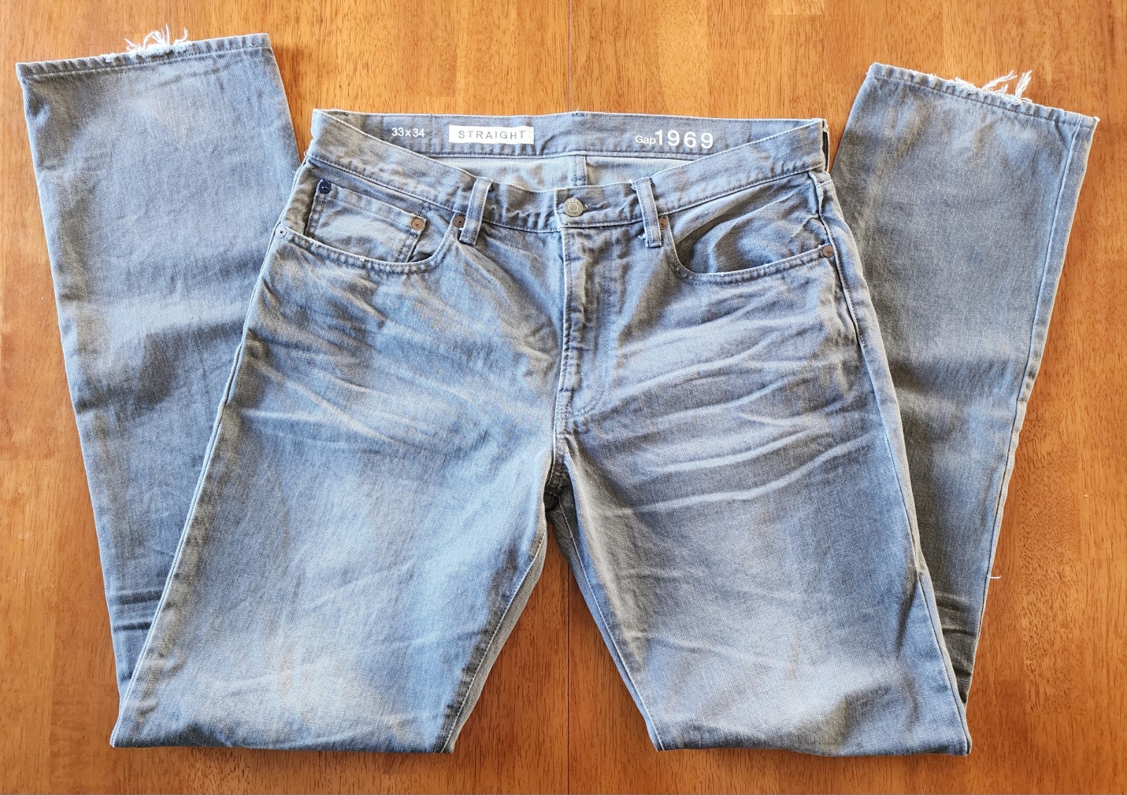 Gap 1969 Men’s Straight Jeans 33×34 Gray Faded Distressed 100% Cotton Denim male