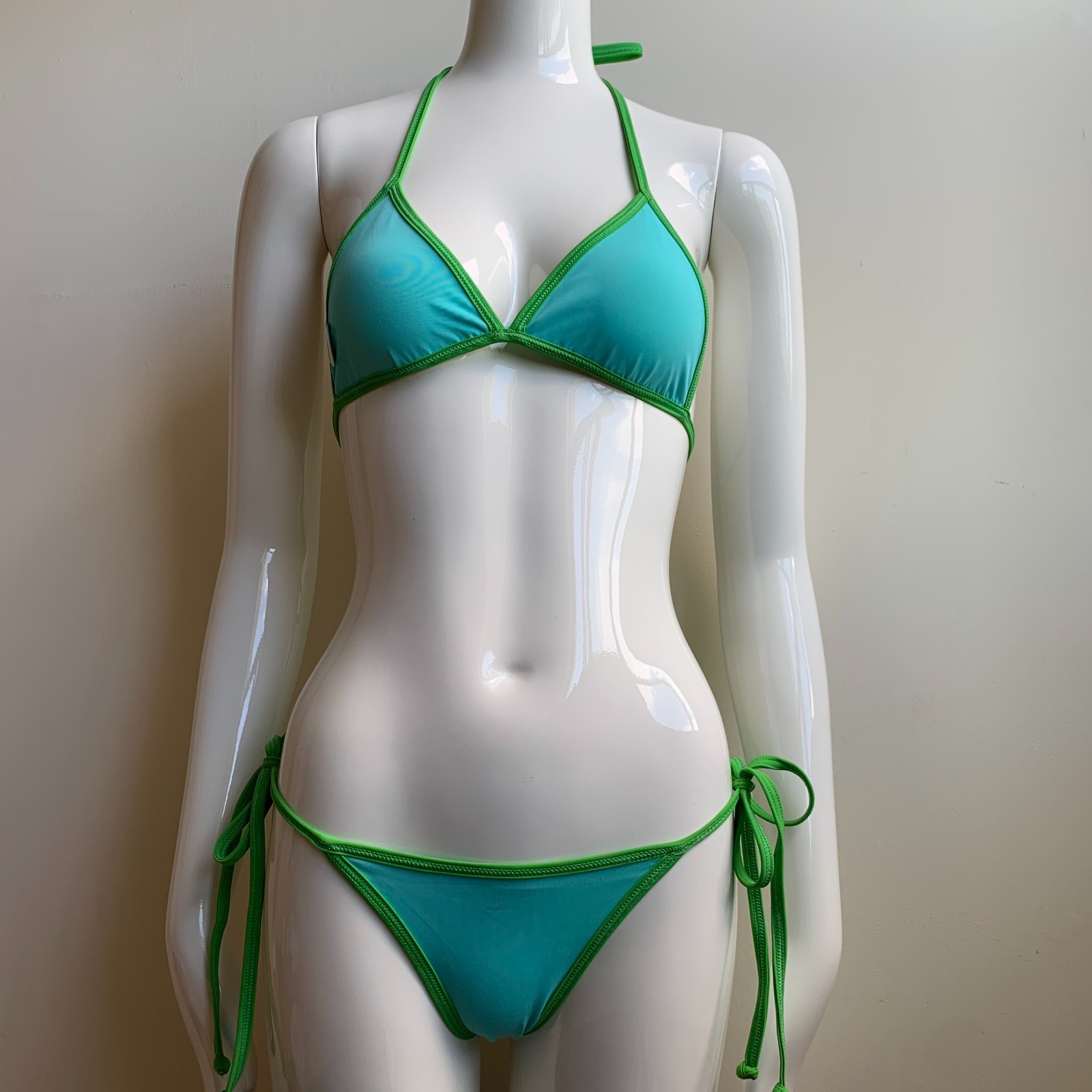 Aaron Chang Vintage Green reversible aqua triangle top tie side Bikini XS
