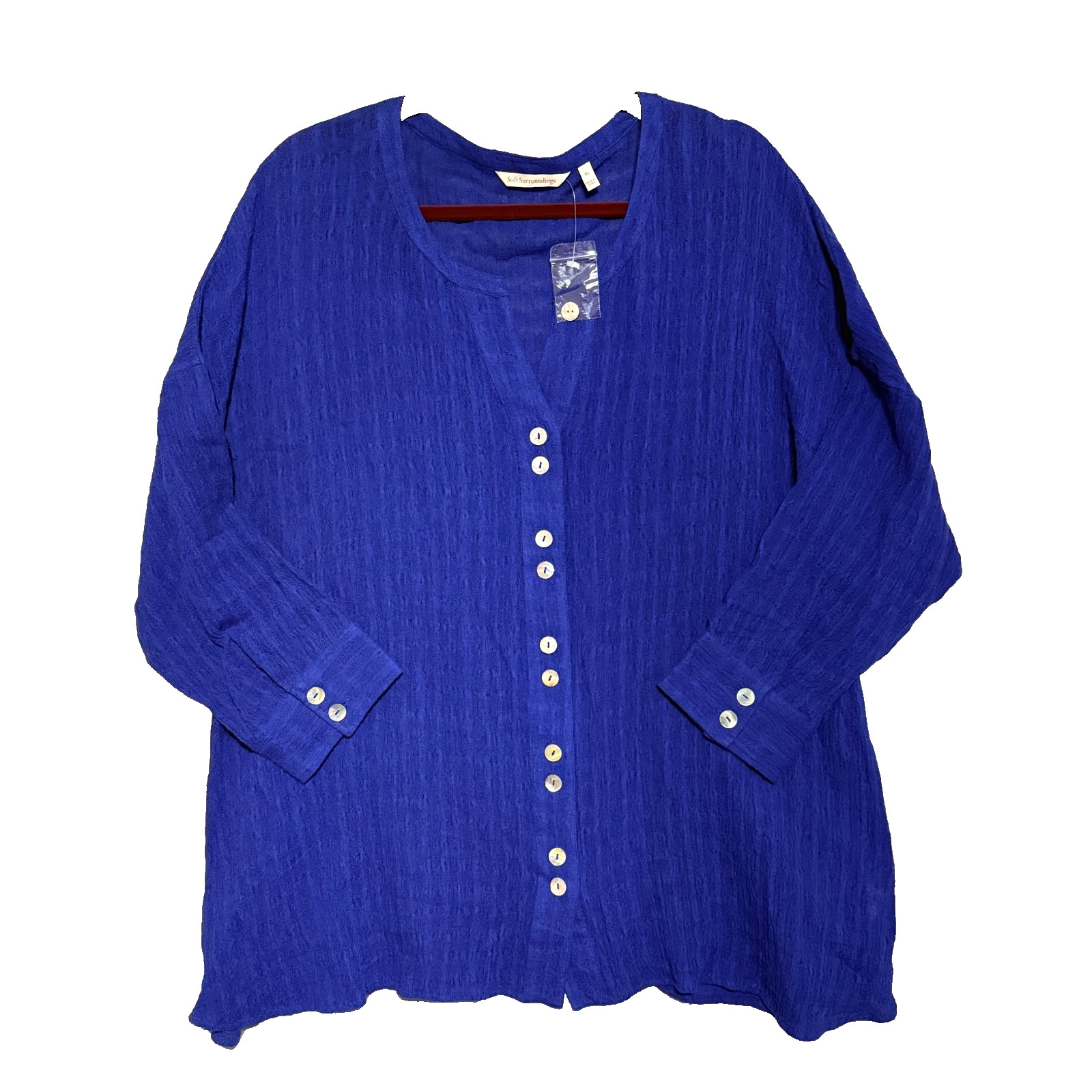 Soft Surroundings Women’s Linen Blend Top XL Blue Button Front 3/4 Sleeve Tunic