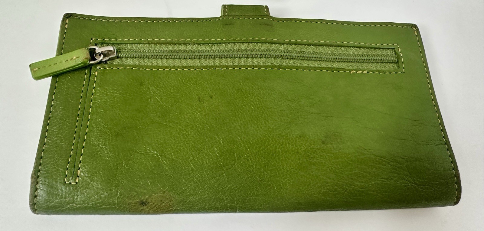 TUSK Vintage Leather Bifold Wallet Checkbook Long & Slim Pen Holder Green Luxury