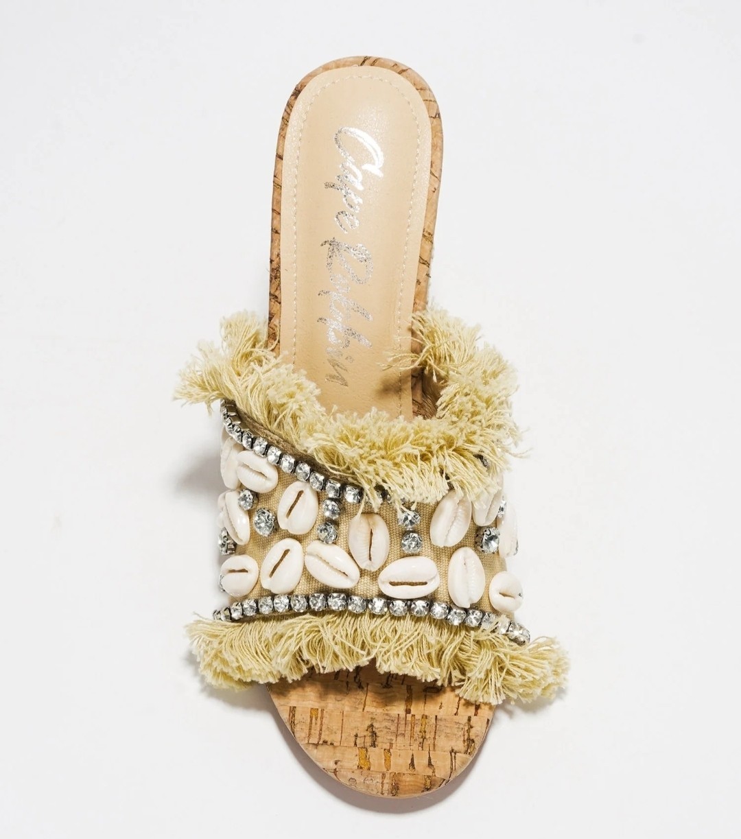 Cape Robbin Beige Fringed Shell & Rhinestone Raffia Block Heel Mule
