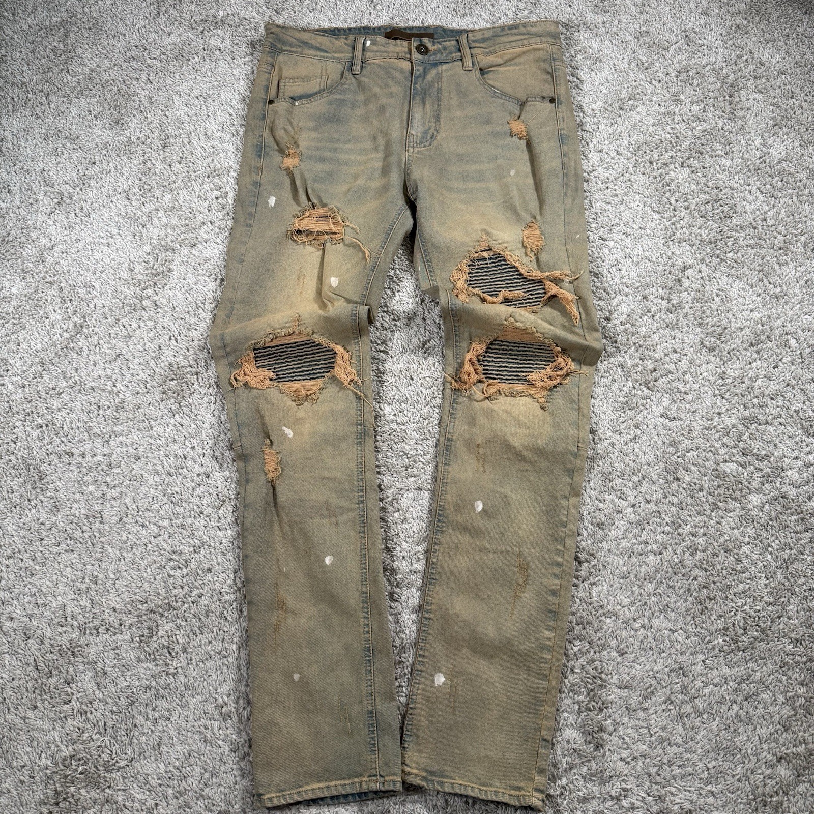 KDNK Jeans Mens Size 34×32 Blue Tan Paint Splatter Distressed Slim Denim Pants