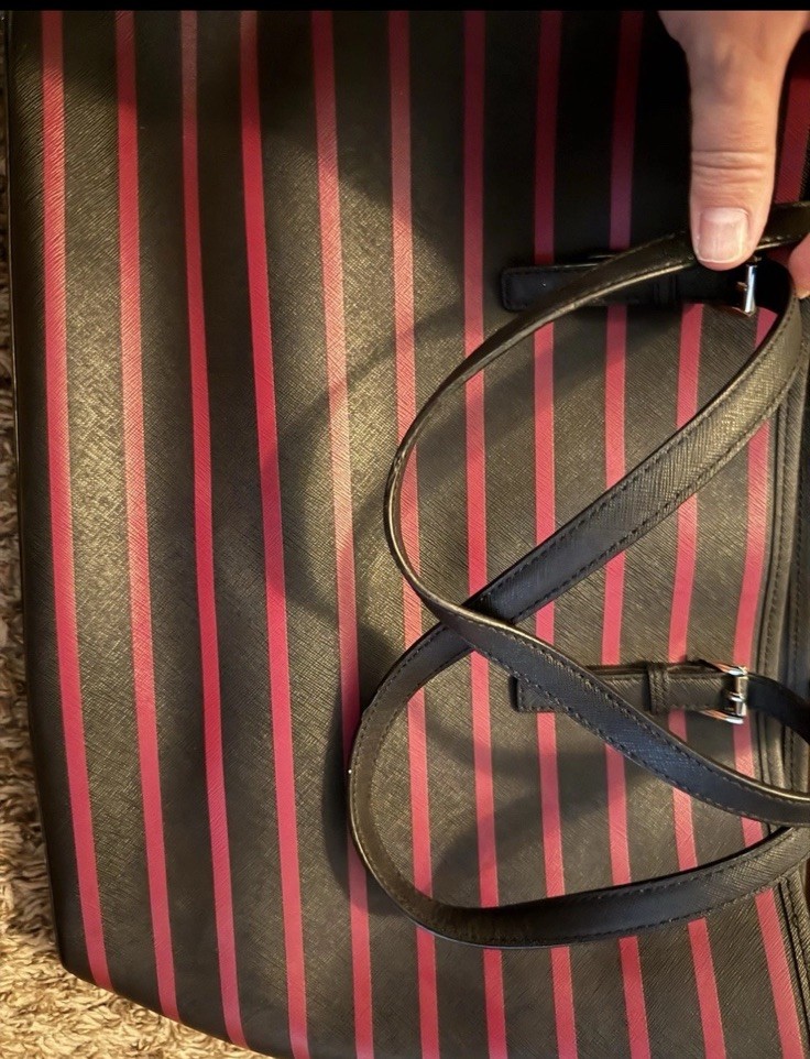 Michael Kors Travel Saffiano Leather Black Pink Stripe Tote
