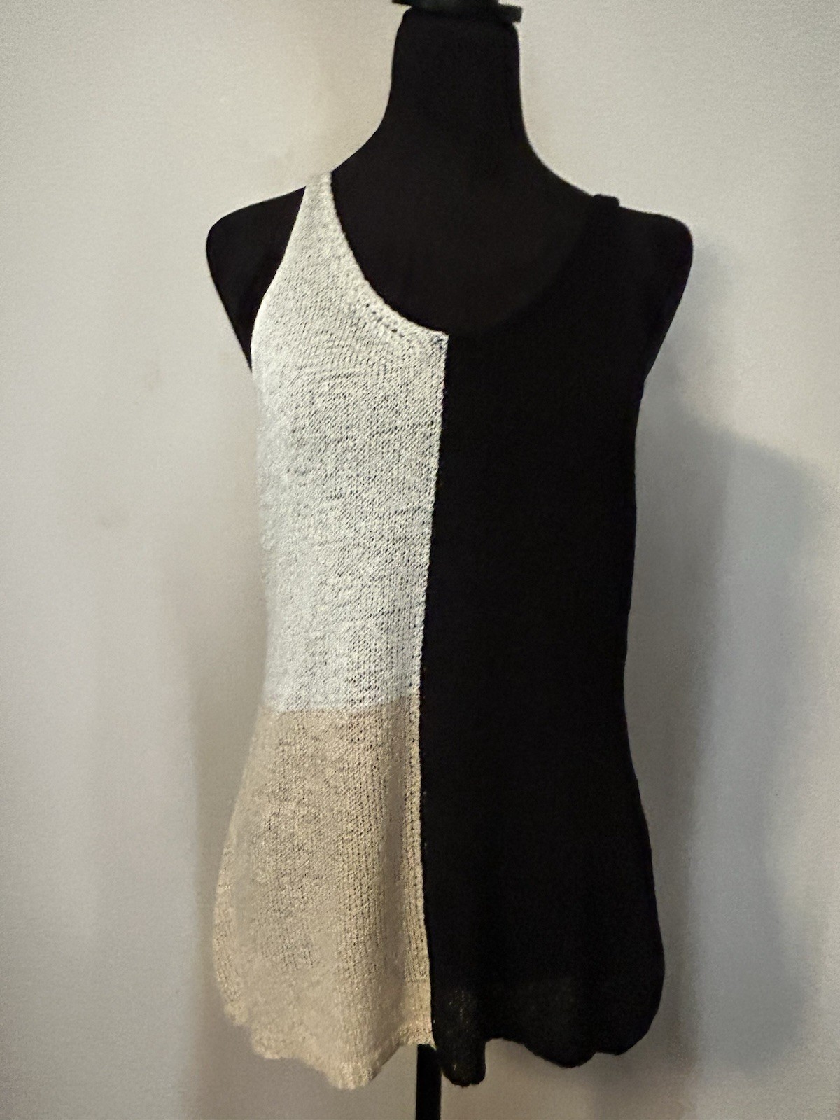 Women’s Colorblock Knit Tank Top Black White Beige Scoop Neck Spaghetti XL