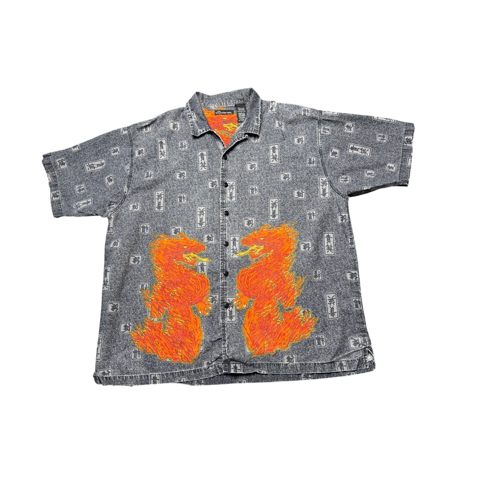 Vintage NO BOUNDARIES Flame Dragon Asian Oriental Graphic Shirt Tattoo 3XL 90s