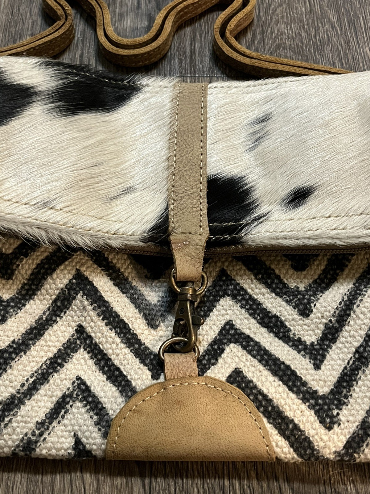 Myra Devious Brown Leather Chevron Canvas Calf Hair Shoulder Bag Purse NWT