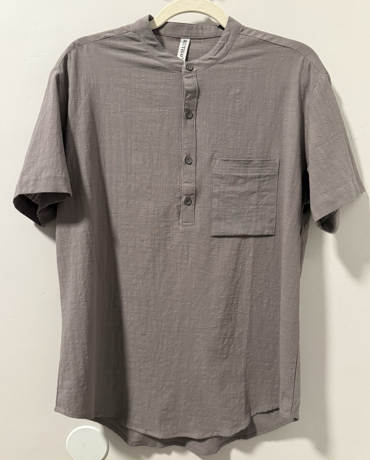 NWT KUYIGO Cotton Linen Banded Collar Shirt Men’s S Short Sleeve Pocket Casual