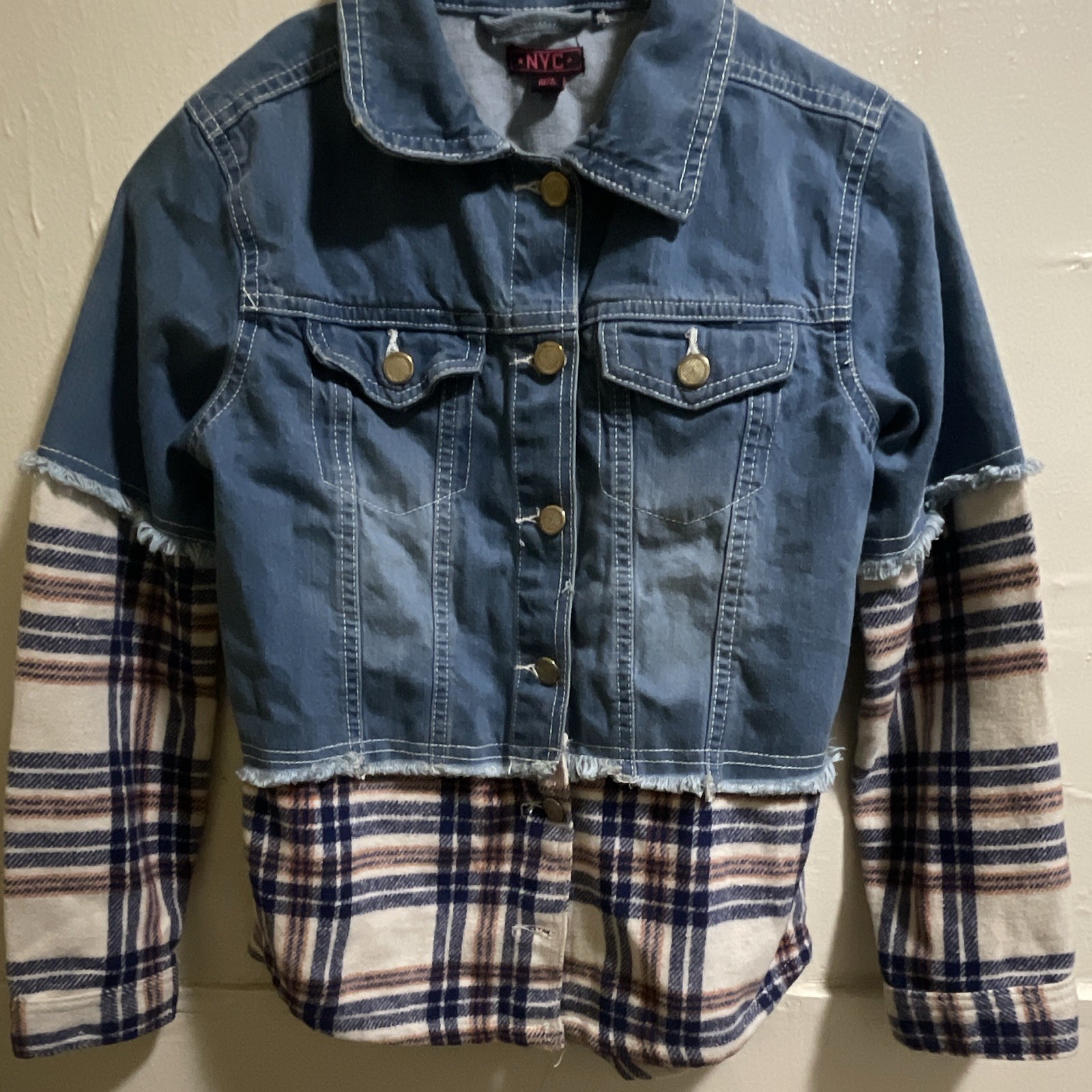 NYC Girls Denim Plaid Button Jacket w/ Pockets Blue Beige Navy Size 10/12