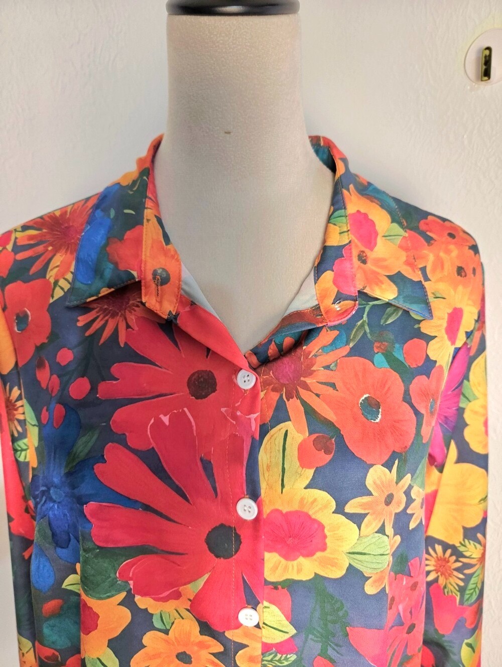 Bright Funky Flower Button-Up Blouse, Multicolor, Size XL