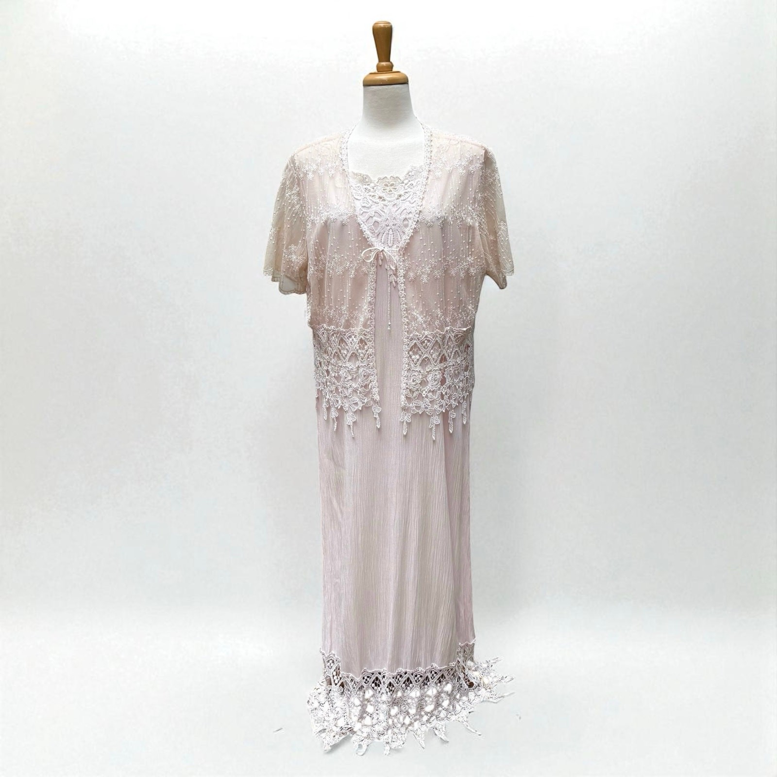 VTG Magnet Art Lynn Yang 2 Piece Set Maxi Dress Top Sz L Pastel Pink Crochet 90s