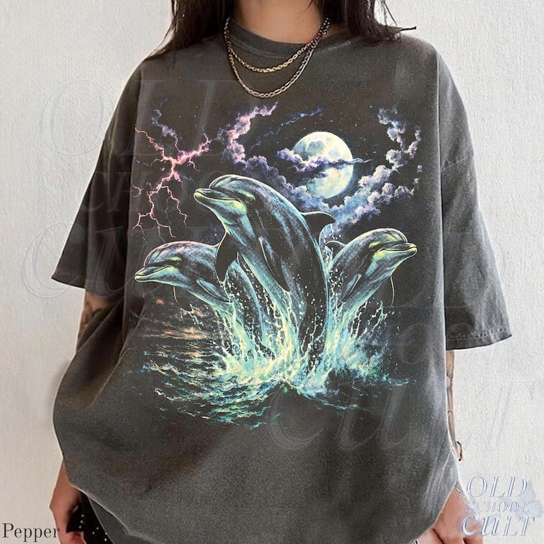Vintage 90s Midnight Dolphin Graphic T-Shirt Retro Ocean Lightning Tee