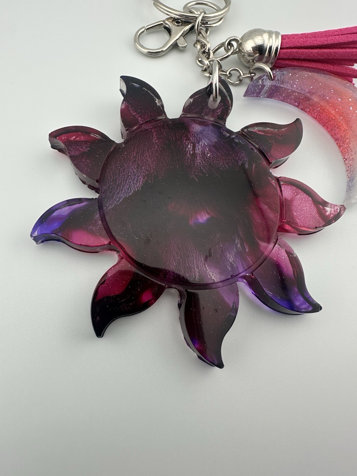 Handmade Purple Galaxy Resin Sun & Moon Keychain Tassel Celestial Bag Charm