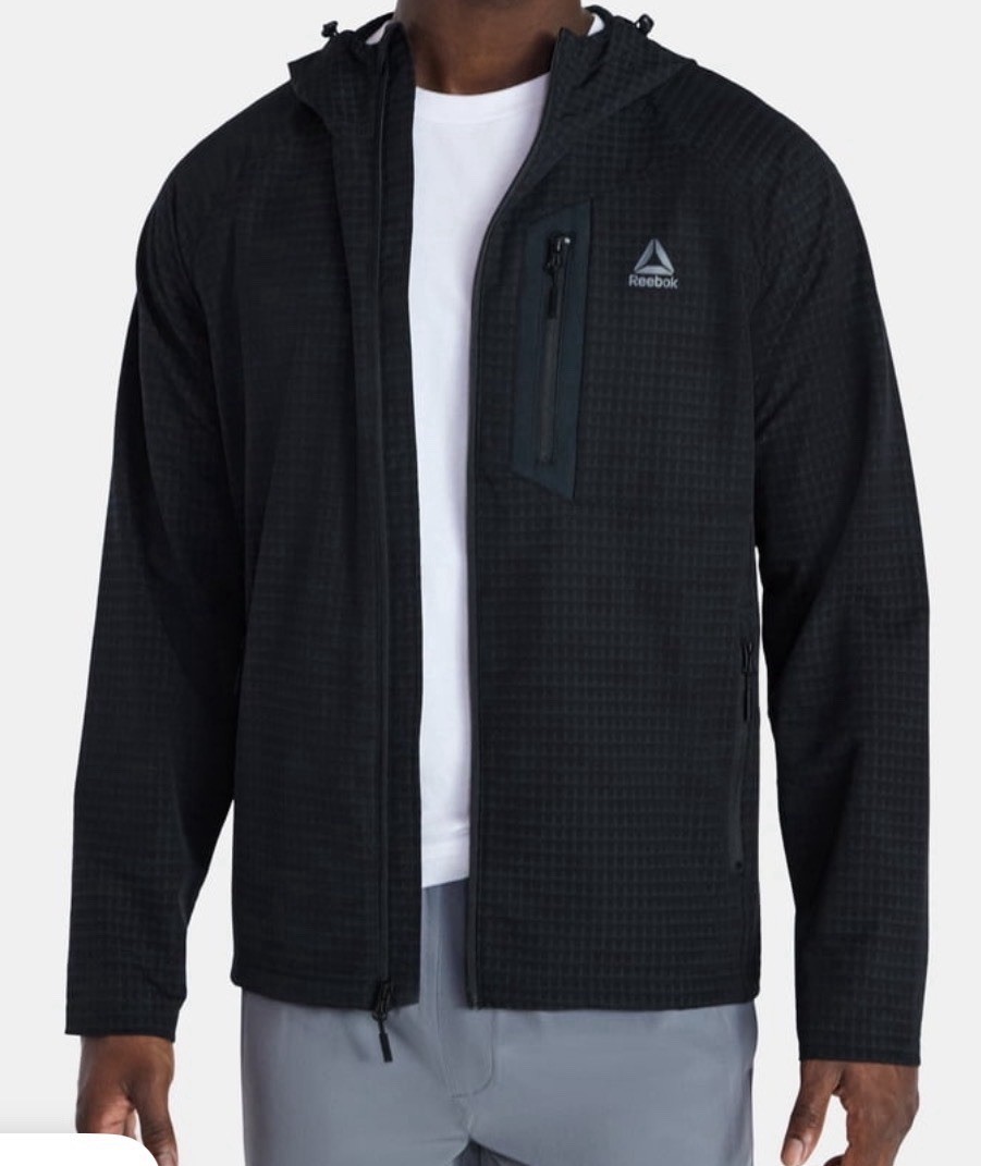 Reebok Men’s Textured Stretch Hooded Jacket, Windbreaker Driftwood Black M-3XL