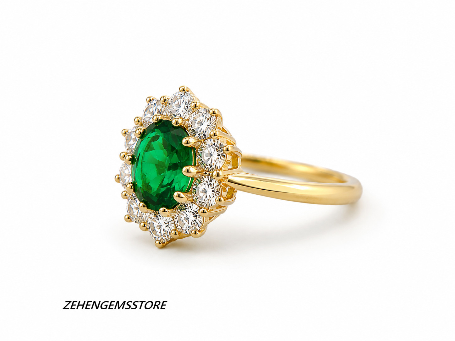 Emerald LabCreated Halo Ring Oval Green Gemstone Gold Plated 925 Sterling Silver