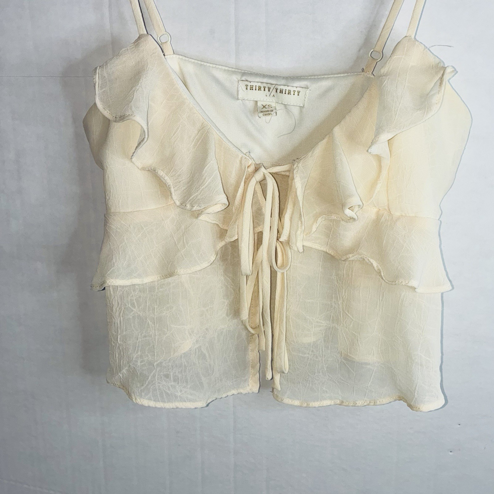 Thirty/Thirty LA Size XS ruffle Cream Lace Tie Strap Peplum Corset Crop Top NWOT