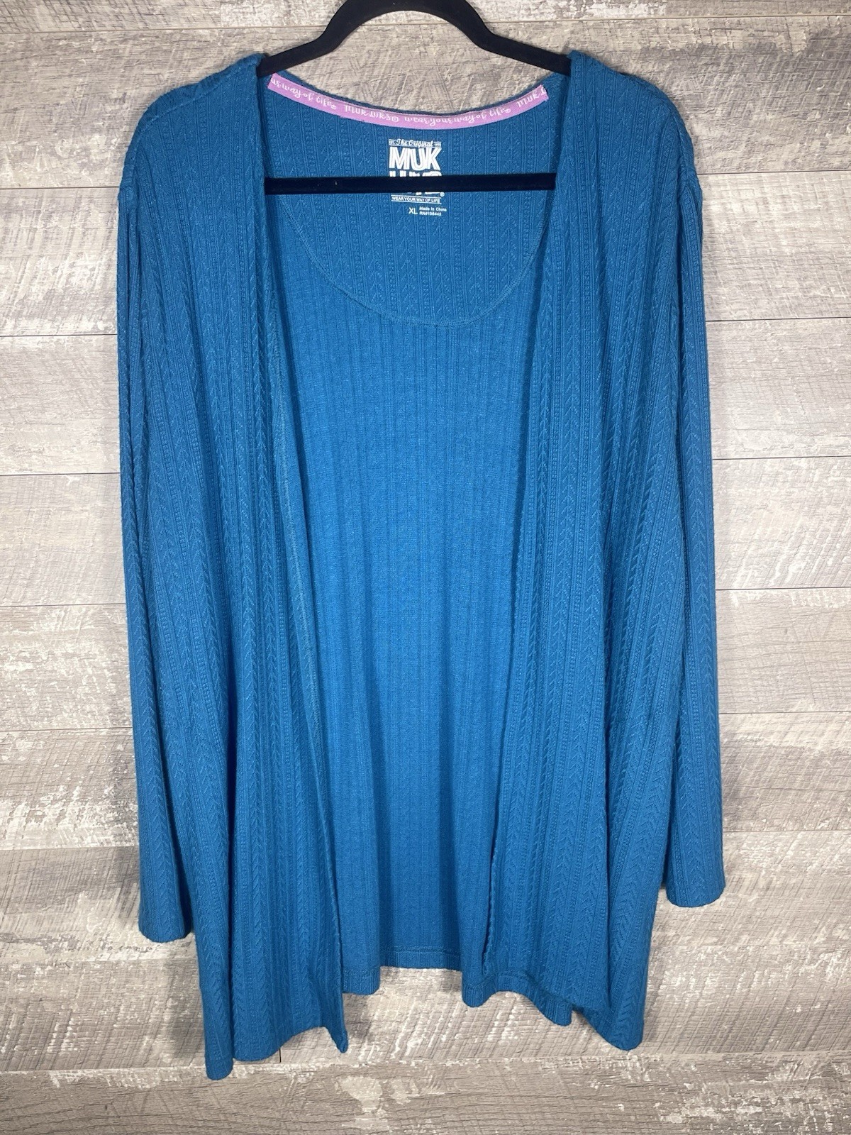 Muk Luks Blue Knit Open Front Drape Cardigan Pockets Size XL Lounge Spring Layer