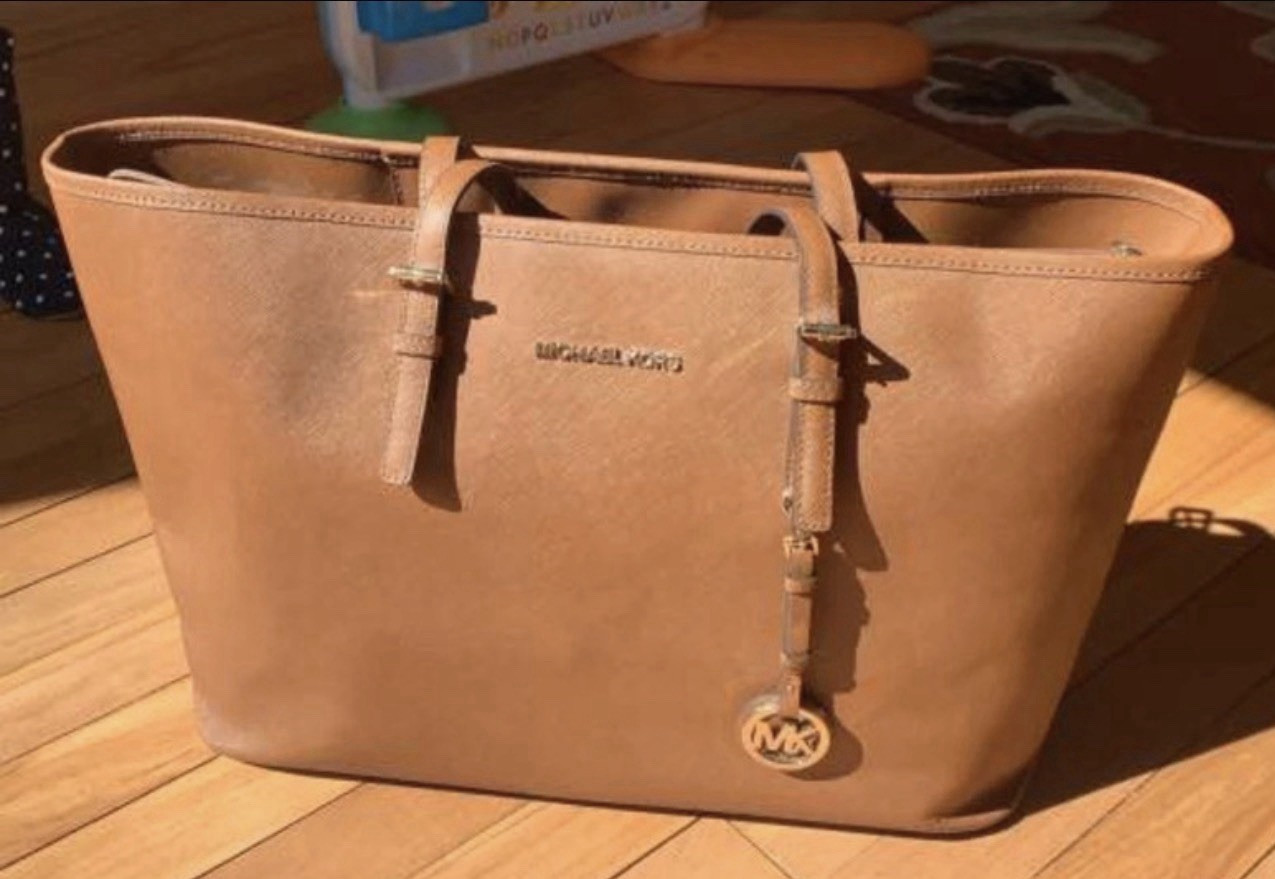 Michael Kors Brown Large Laptop Tote Bag, MK Logo Charm, Open Top, Inner Pockets