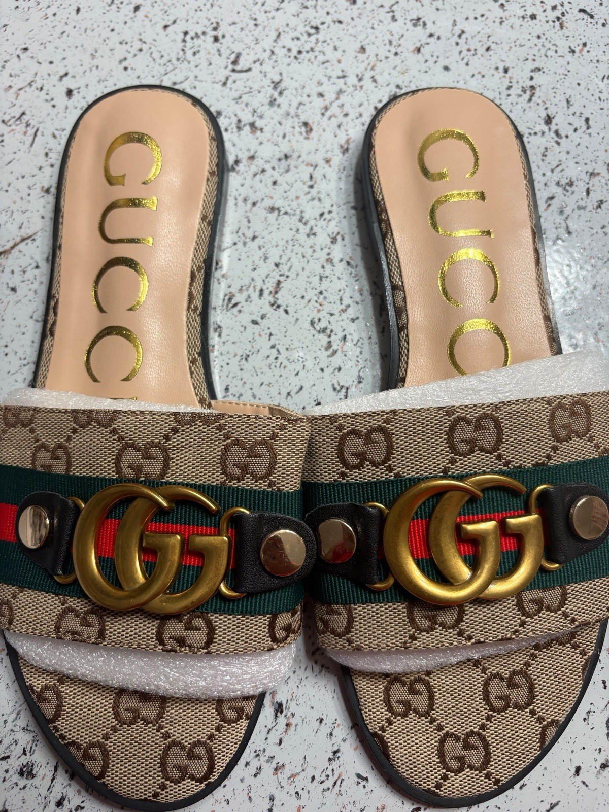 Gucci Men’s GG Monogram Web Stripe Leather Slide Sandals Beige US 6.5