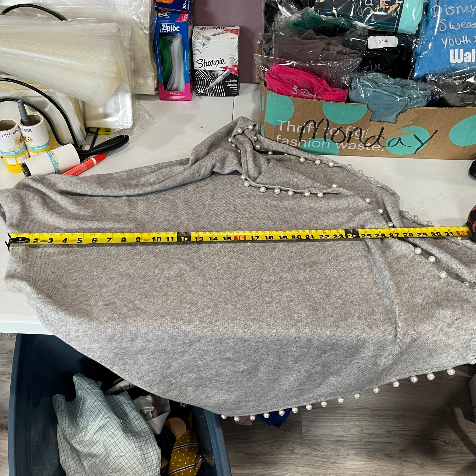 Bluoltre Gray Sweater Poncho Pearl Trim Womens One Size Soft Cozy