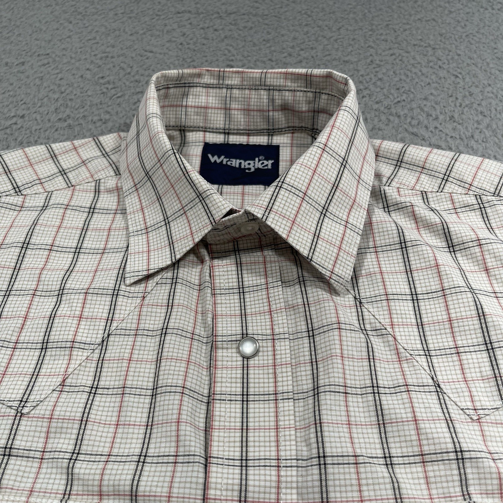 Wrangler Pearl Snap Shirt Mens Small Western Beige Red Plaid Cowboy Rodeo