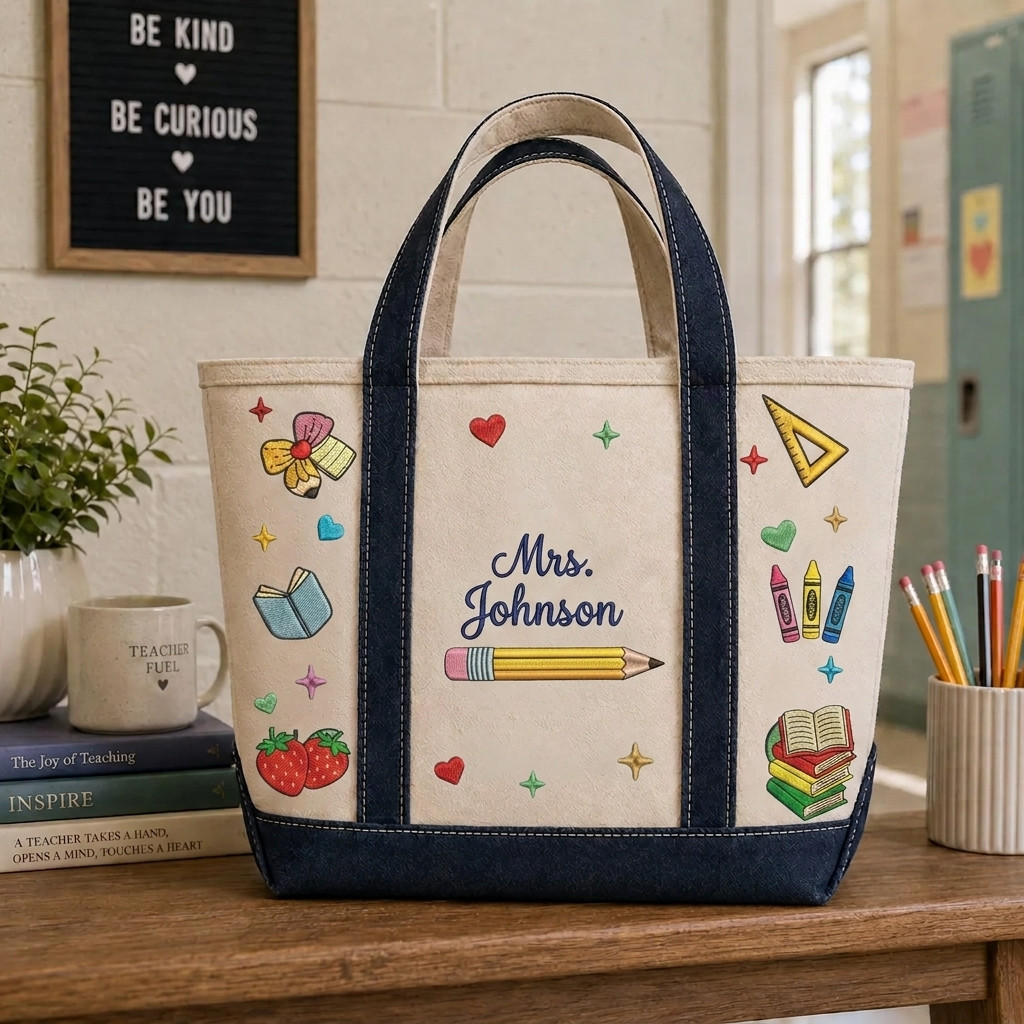 Back to School Personalized Teacher Student Tote Bag Custom Name Embroidered