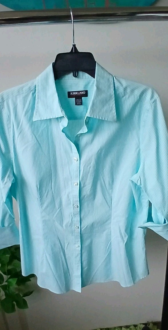 Kirkland Turquoise and White Pin Stripe Tappered Shirt Sz Large Womens Classic