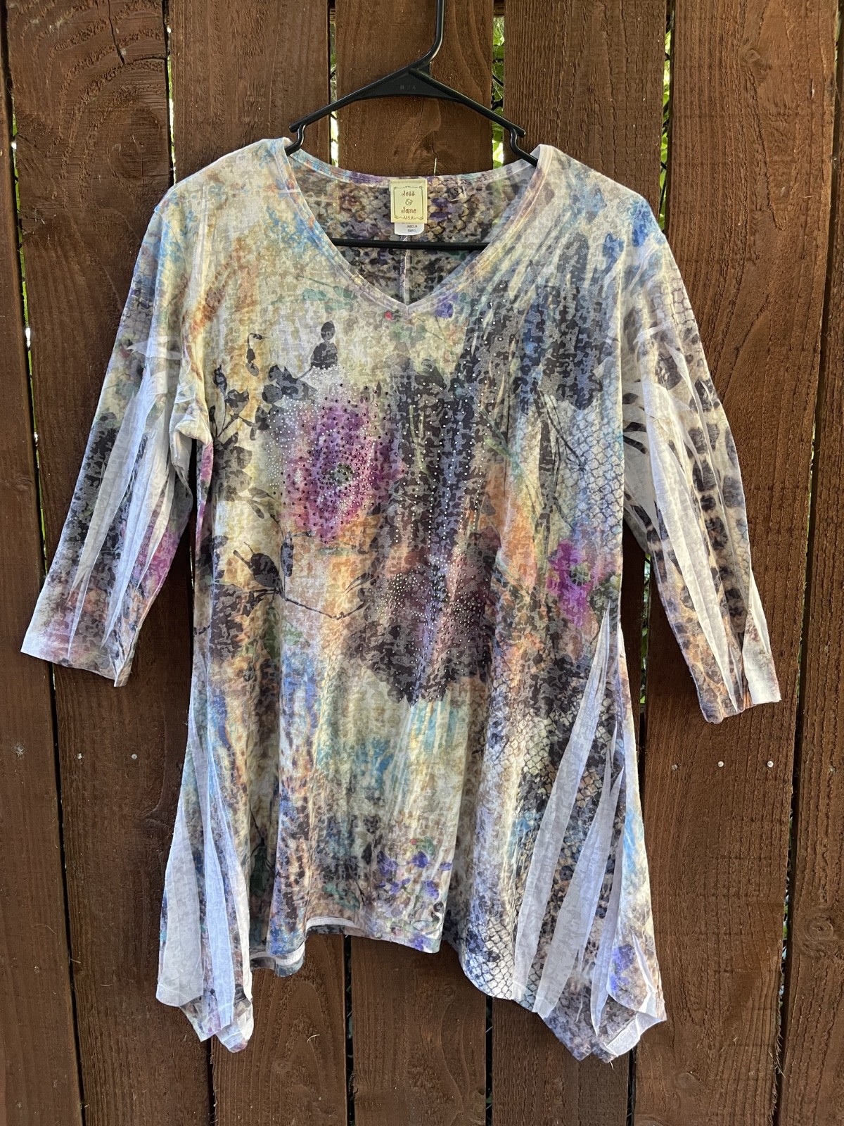 Jess & Jane Asymmetrical Abstract Floral Print Semi Sheer Sequin Tunic Top Sz S