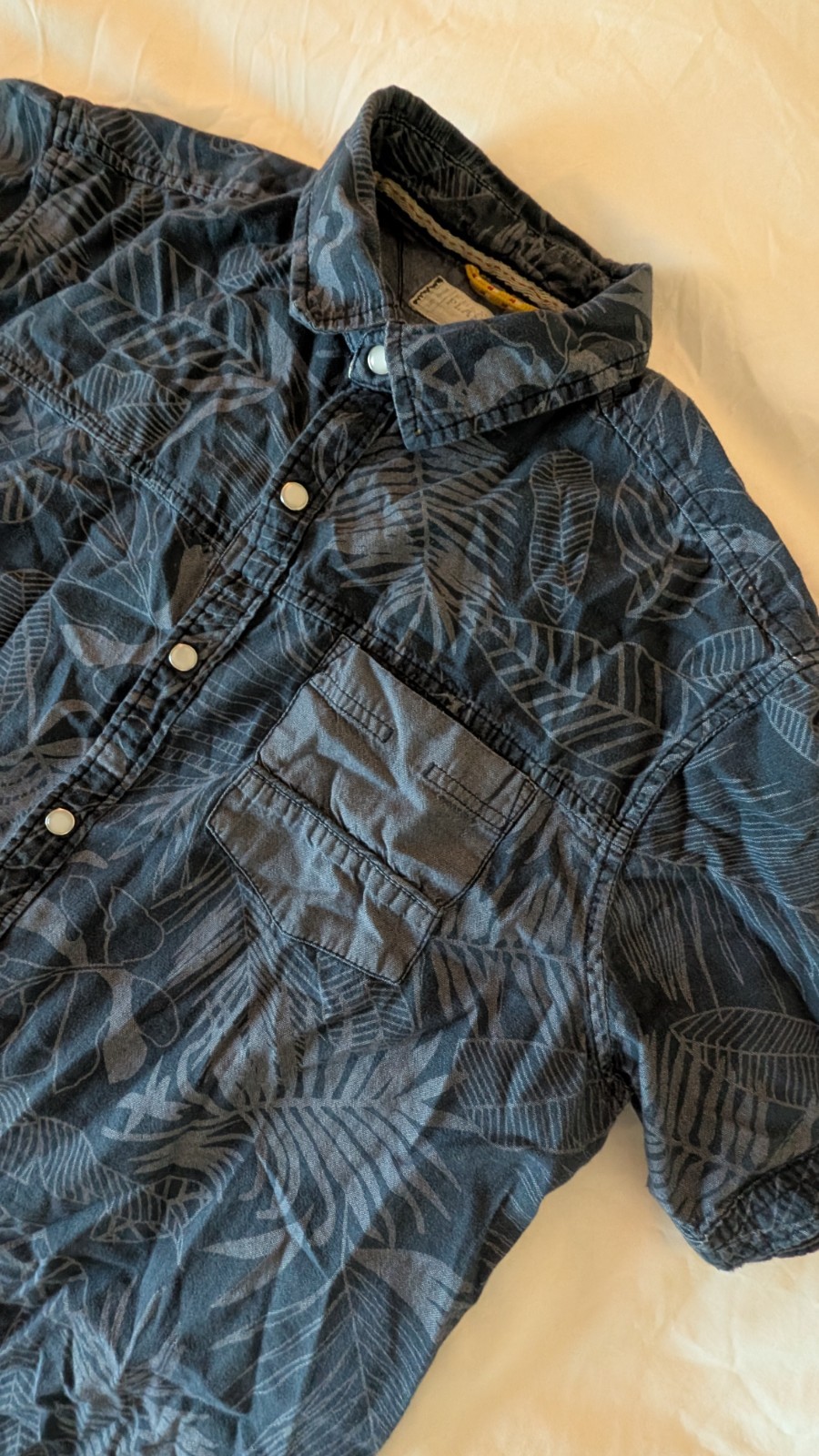 Navy Tropical Leaf Print Short Sleeve Button-Up | Soft Casual Shirt with Pockets