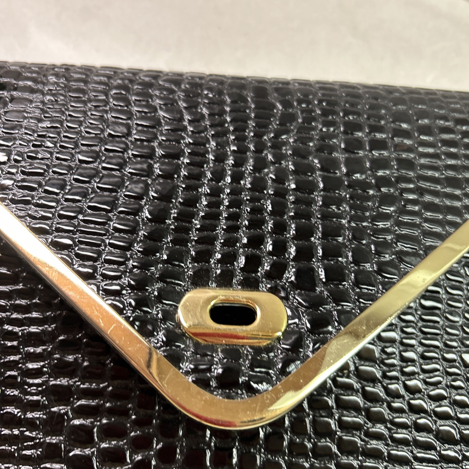 Joan Rivers Black Embossed Croc Print Patent Envelope Evening Clutch Purse
