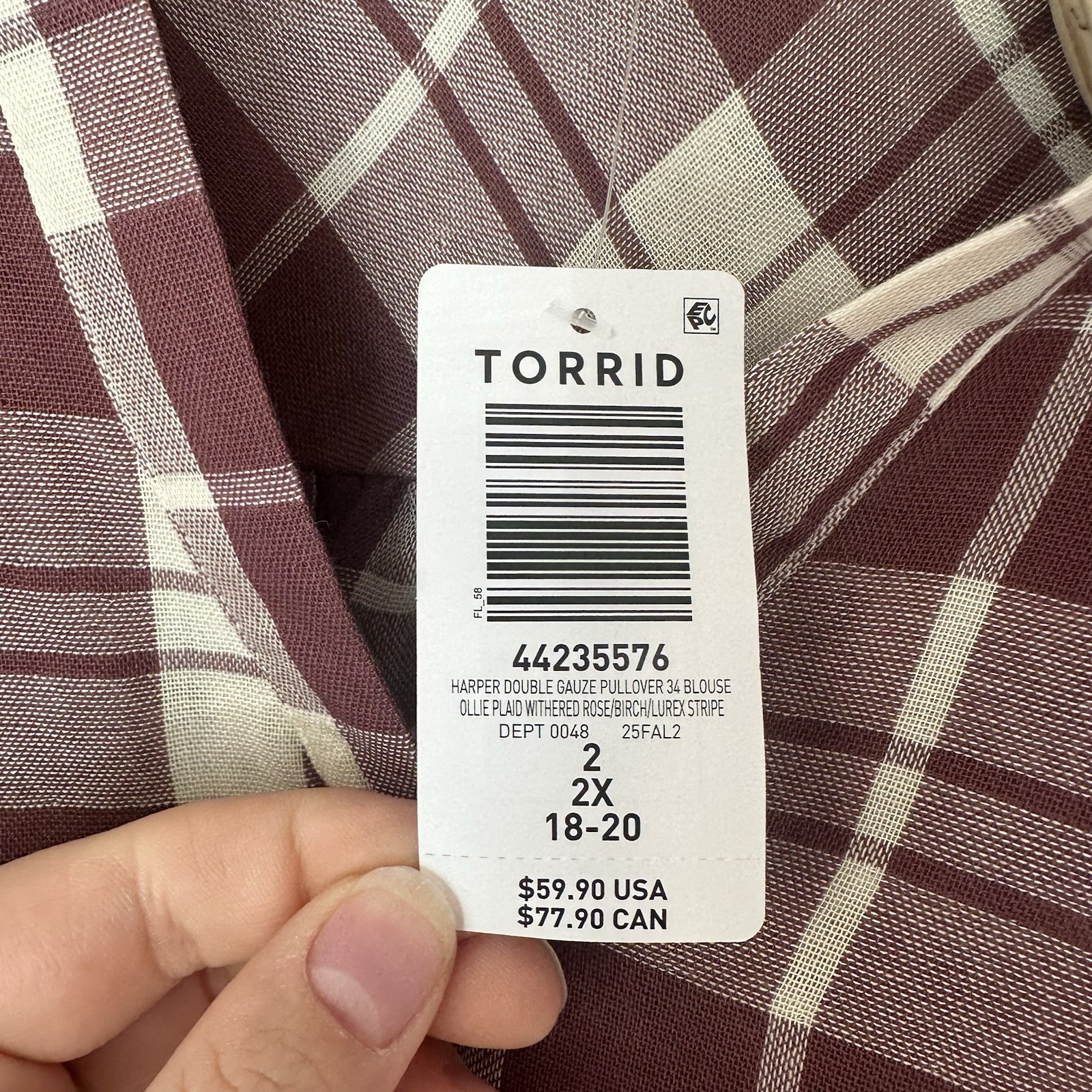 Torrid Casual Country Plaid Harper Double Gauze Pullover Blouse Size 2X NWT