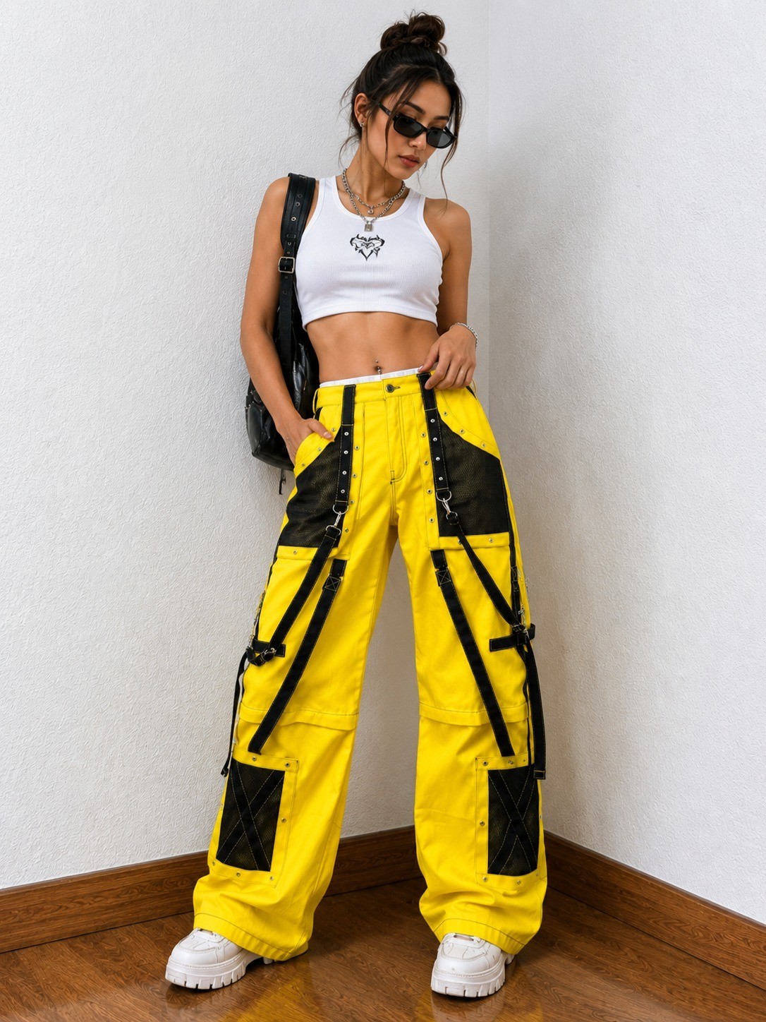 Yellow Techwear Cargo Pants Black Straps Utility Tactical Streetwear Trouser