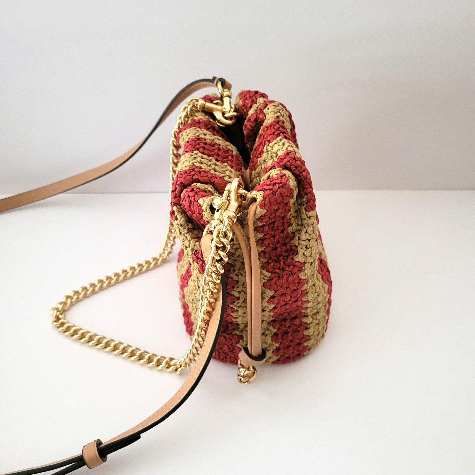 Coach CEN17 Faye Mini Drawstring Straw Crossbody Red Tan Gold Striped Handbag