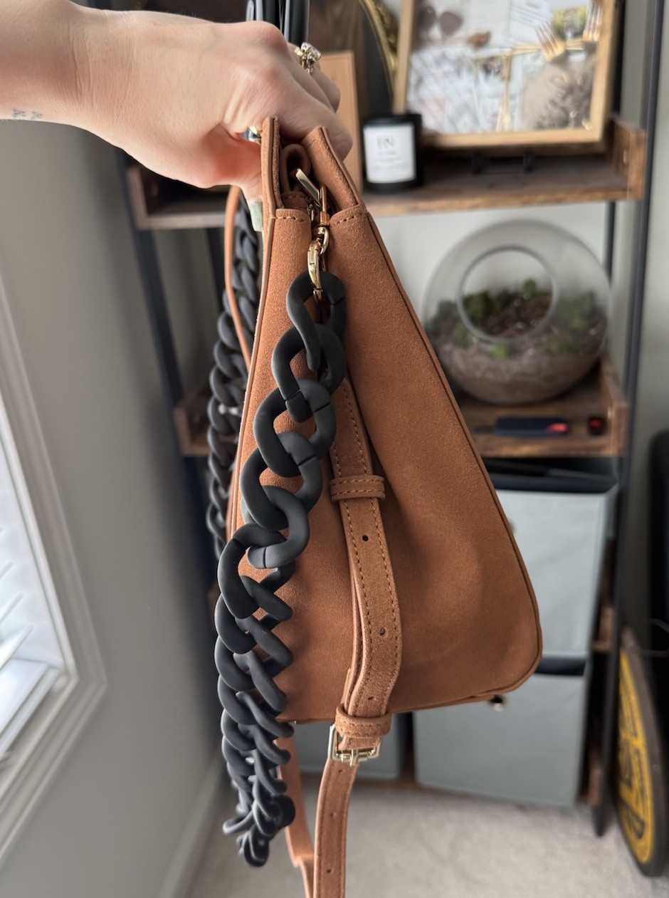 Bagging Rights Cognac Suede Tote Black Cream Stripe Two Straps Rare