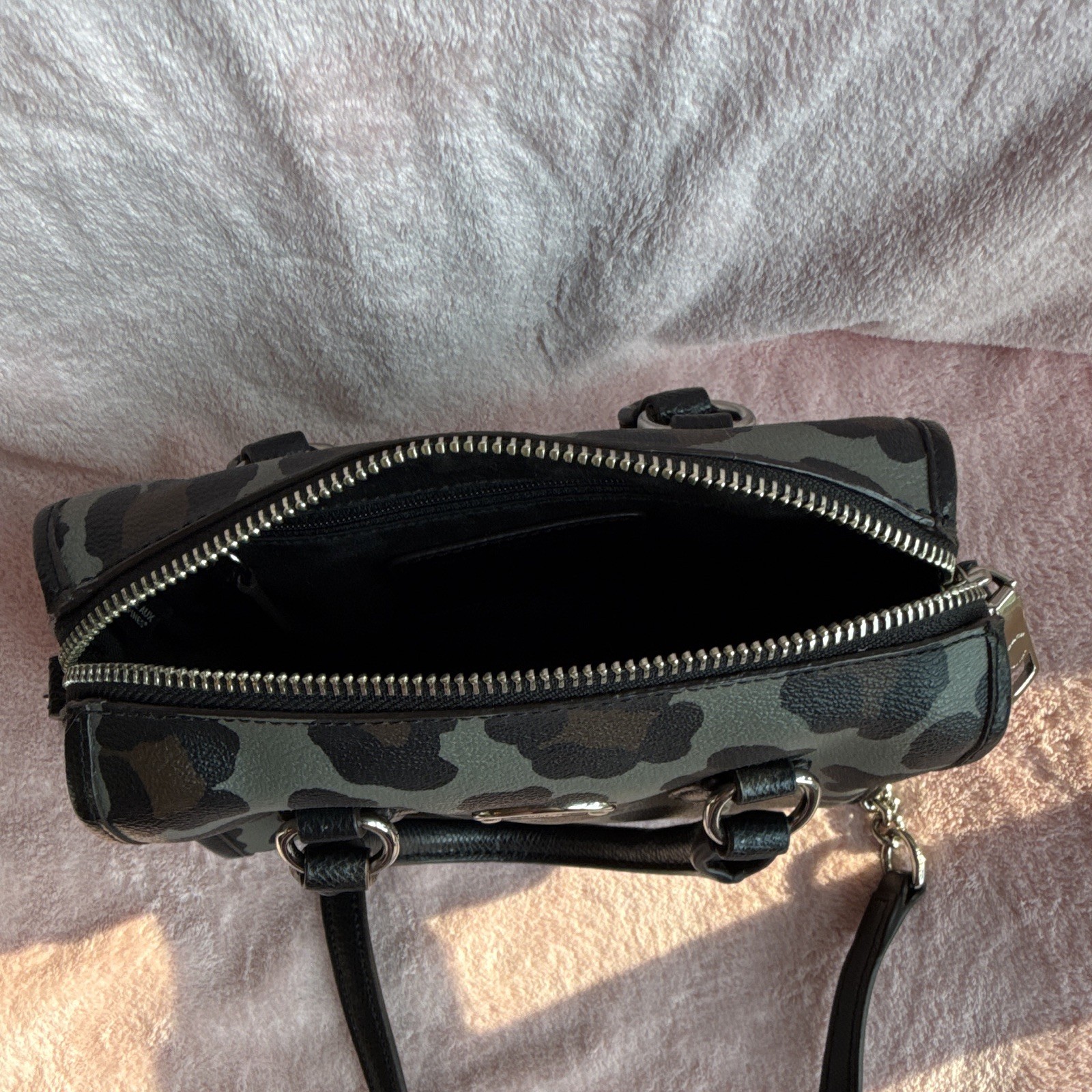 Coach Gray Black Animal Print Satchel Zip Crossbody Bowler Bag Detachable Strap