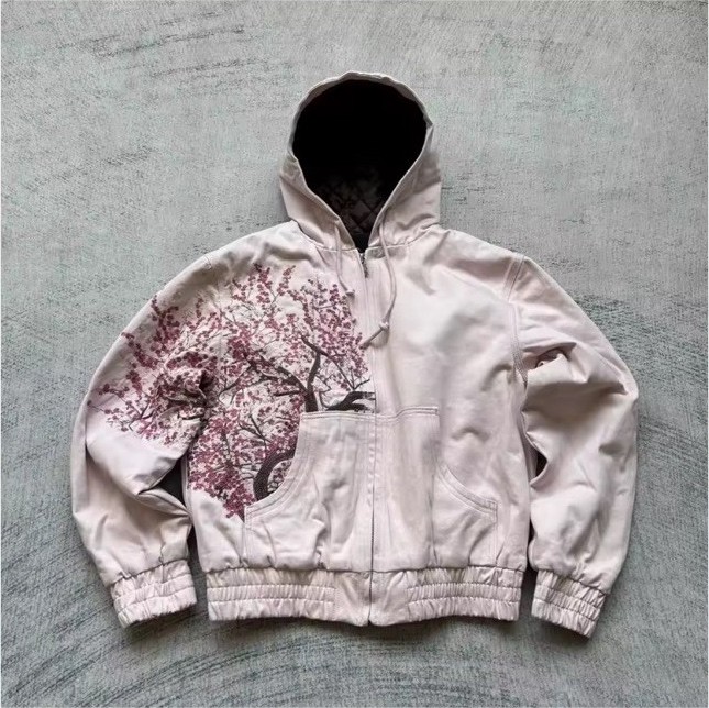 Light Pink Floral Print Hooded Zip Canvas Hoodie for Men