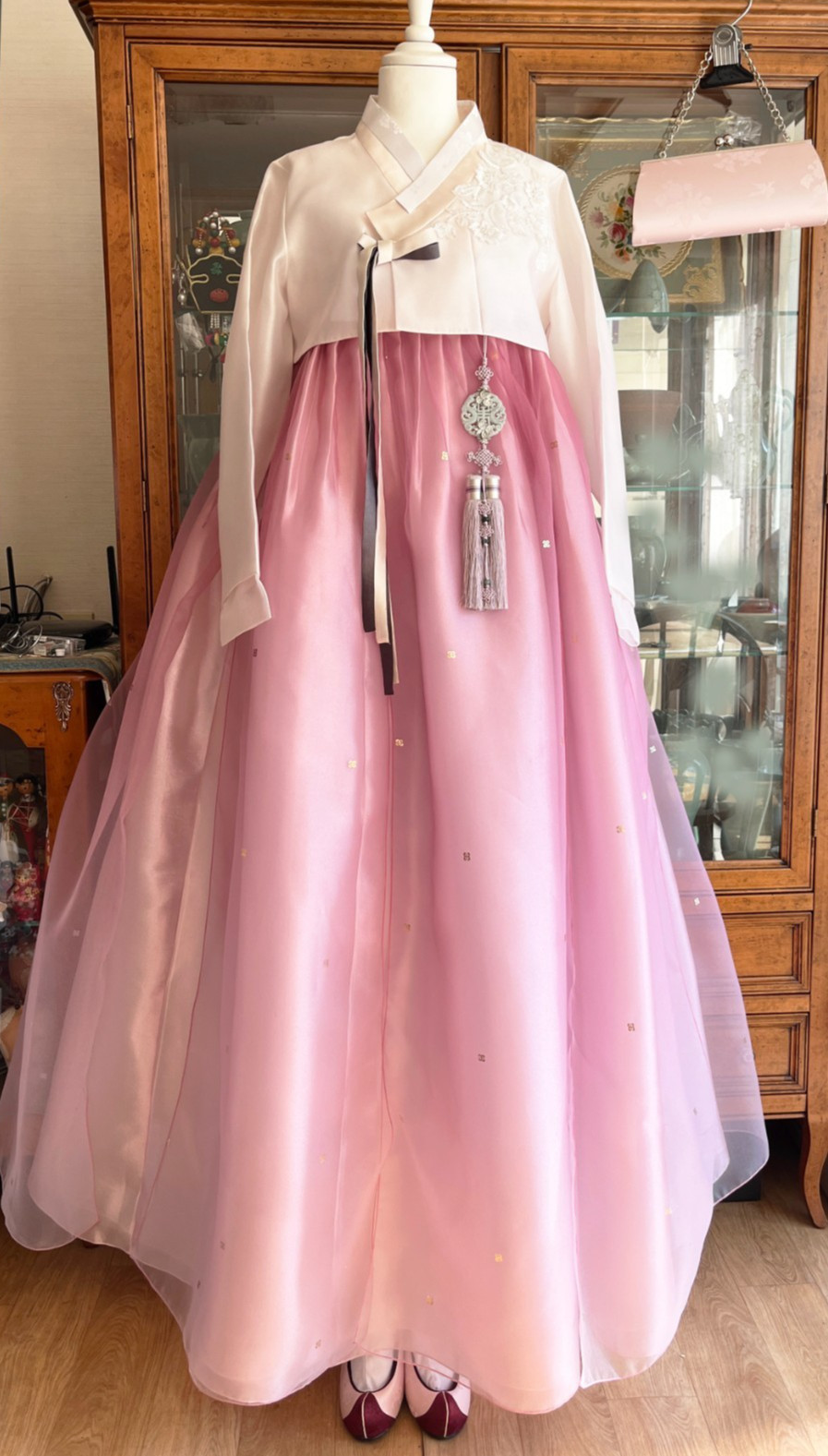 Korean Traditional Dress Hanbok Set- Ivory Top Pink Gallae Skirt / Petticoat Bag