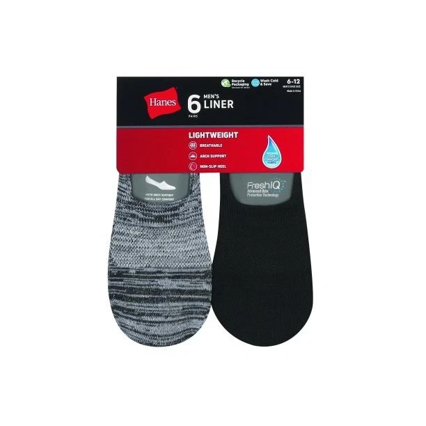 6 Pack Hanes Men’s Lightweight Liner Socks FreshIQ Breathable Non-Slip Heel New