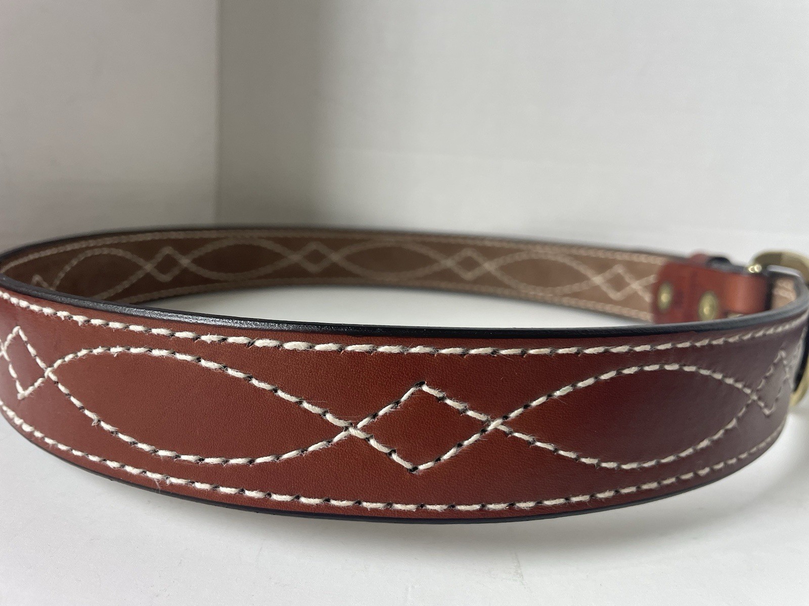 Triple K Leather Stitched Belt Size 38 Brown Brass Colored Buckle With Loop USA