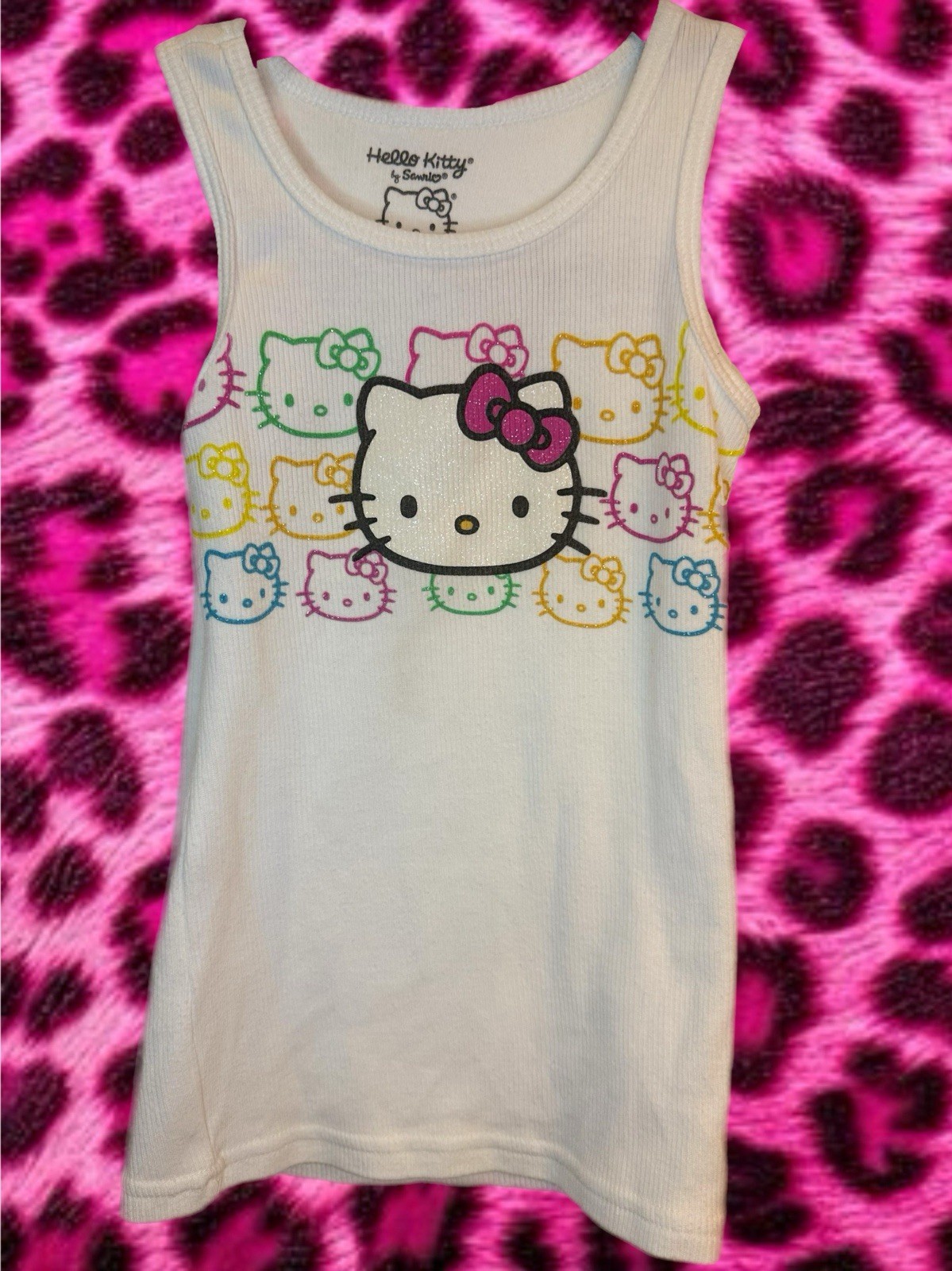 Hello Kitty Sanrio Graphic Tank Top Glitter Bow Logo Women’s Size Small Y2K