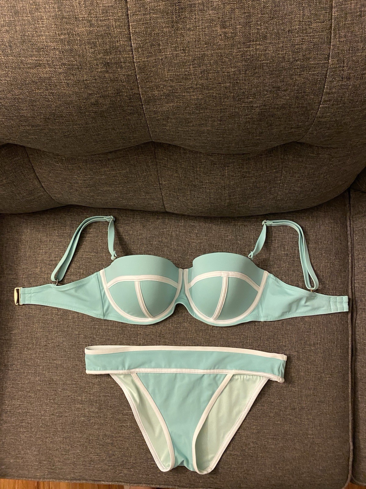 Victoria Secret 2 Piece Blue And White Swimsuit Size L Button And Size 36 DD Top