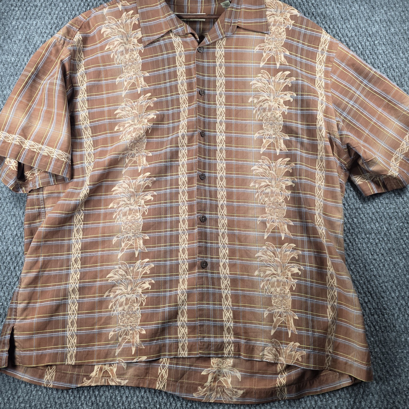 Vintage Tommy Bahama 100% Silk Aloha Shirt Mens XXL Brown Hawaiian Pineapple 90s