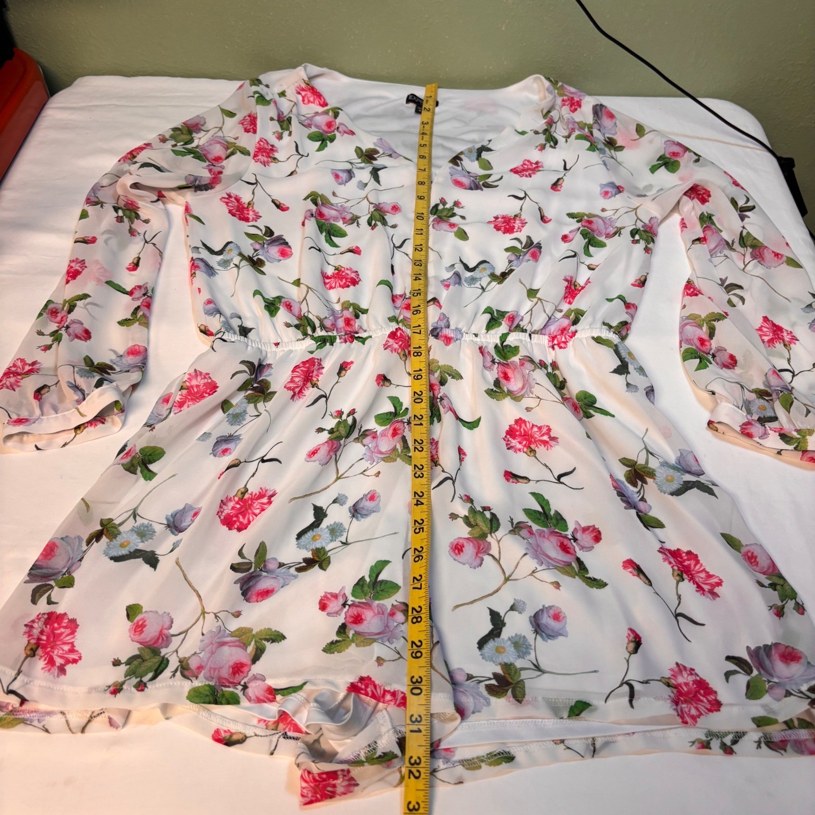 Express Floral Long Sleeve Romper Dress White Pink Roses Size L
