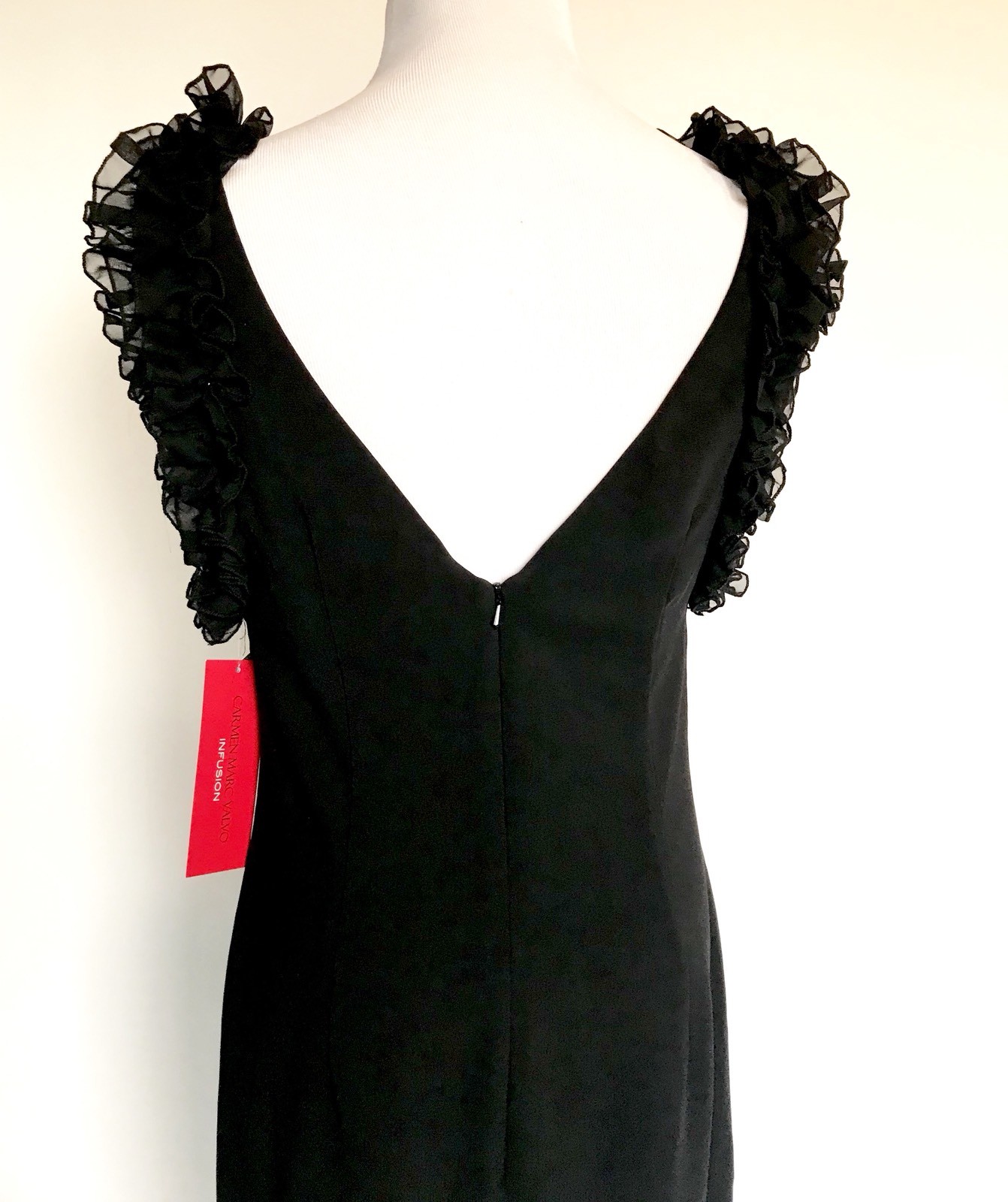 Carmen Marc Valvo Sz 8 Sheath Dress Black Ruffle Arms Retail $325 Price $148 NWT