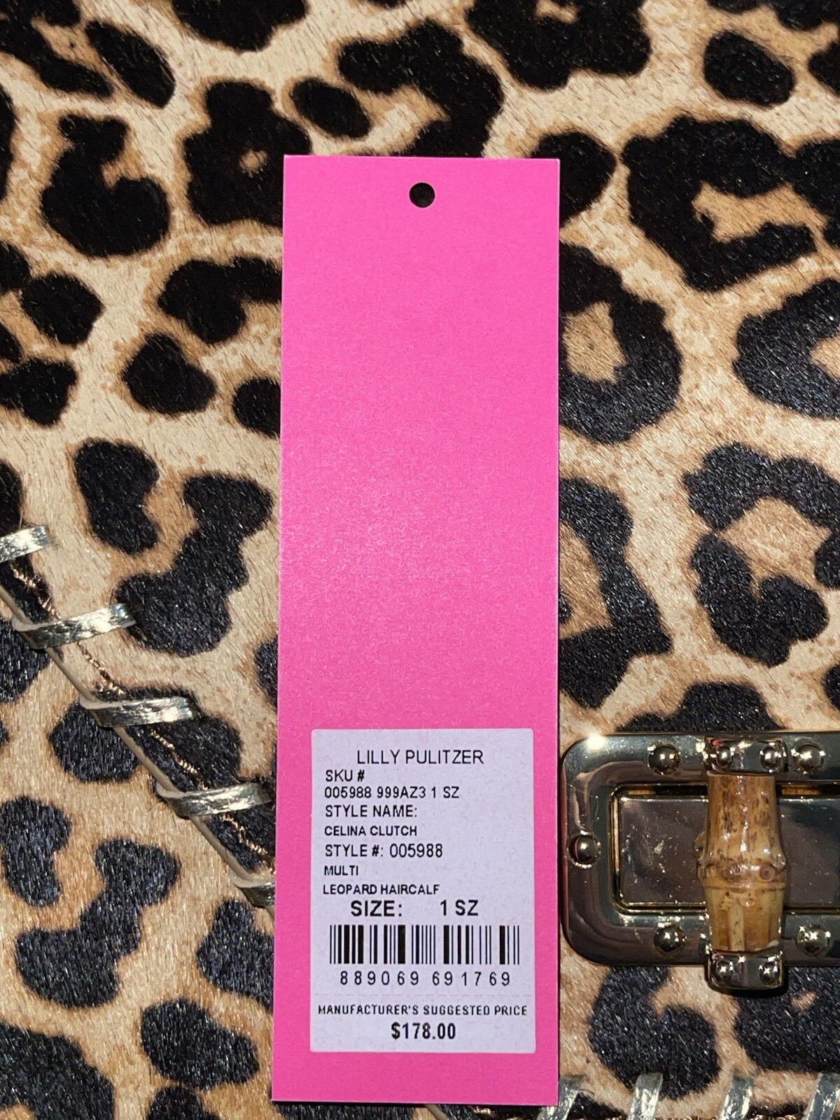 Lilly Pulitzer LEOPARD CELINA CLUTCH PURSE Envelope Handbag Gold Whipstitch NWT