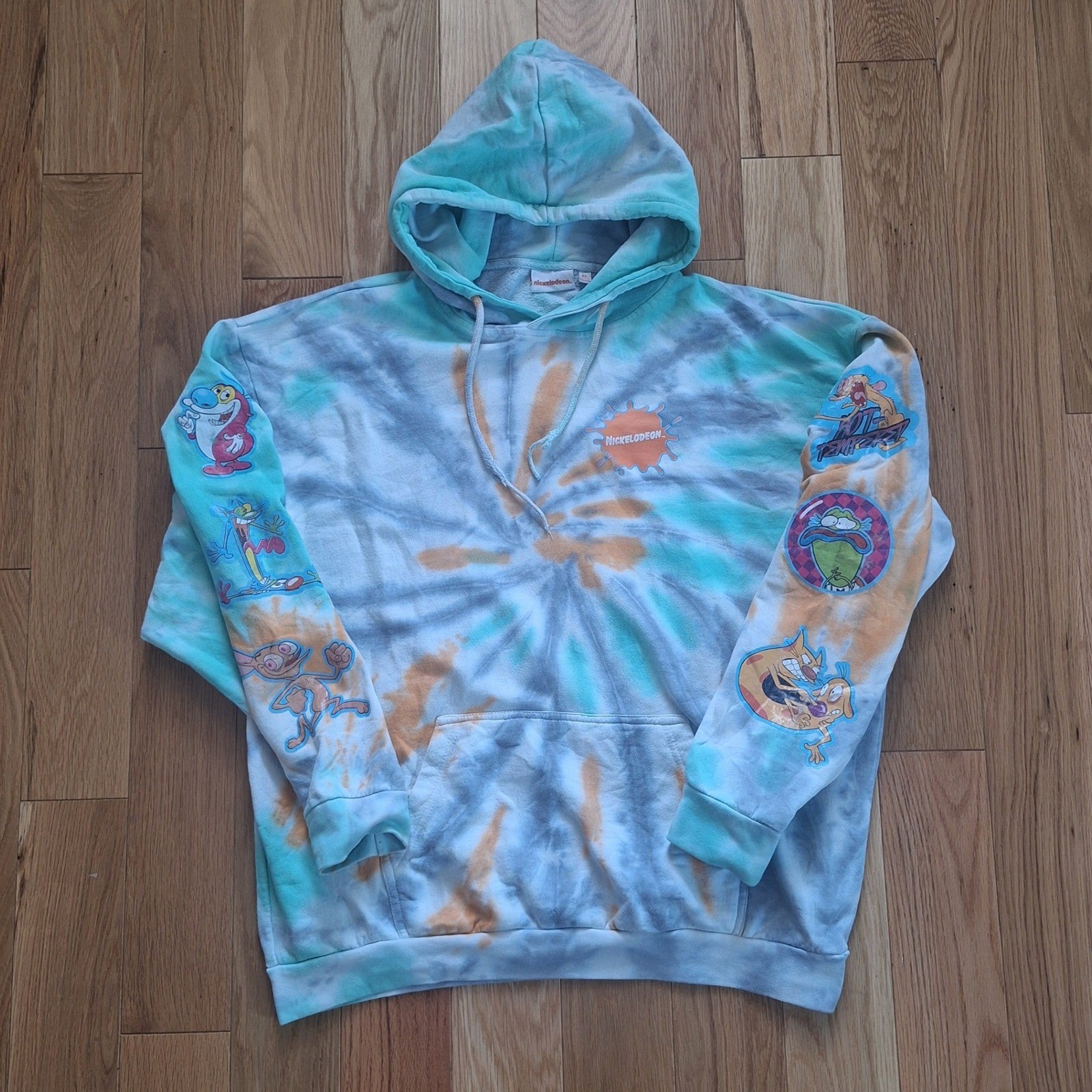 Nickelodeon 90s Style Tie Dye Graphic Hoodie Cartoon Sleeve Print Blue Orange XL