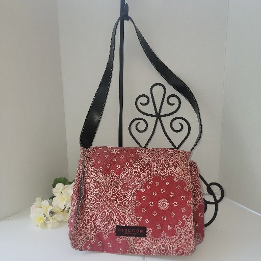 Reversible Purse Red Bandana or Solid Gray Denim by Reaction UNIQUE Cross Body